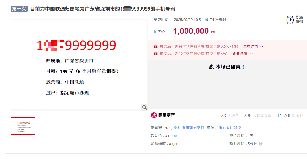 尾号“9999999”手机号拍出100万元,另有“66666666”手机号将200万元起拍