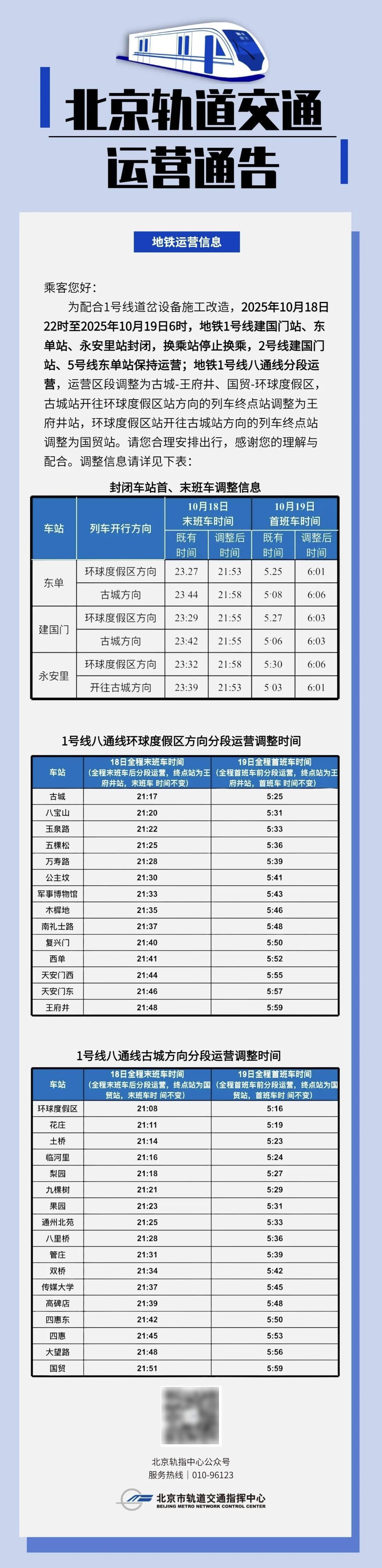 10月18日起,北京地铁1号线部分站临时封闭
